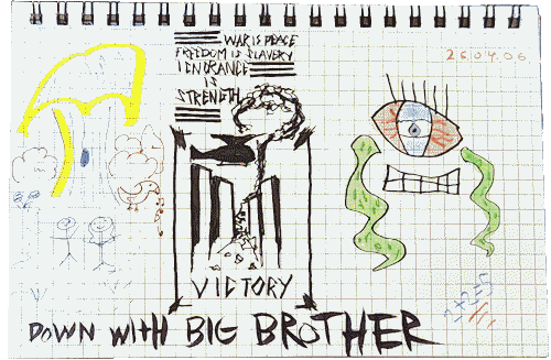 Winston and Julia in the forest clearing listening to the bird sing. The Party's mottos above a road flanked by tall buildings and a helicopter above. A bloodshot eye with green tentacles on either side and a mouth with clenched teeth. The words 'Down with Big Brother' and the equation '2+2=5' written at the bottom of the page.